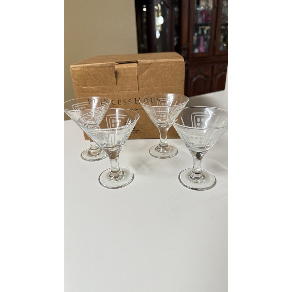4 Princess House‎ Aston Martini Glasses 6708 Crystal Cocktail Glasses Etched